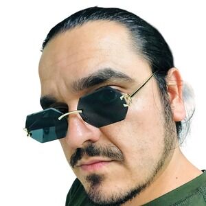 Rimless Men Sunglasses Dark Black Lens Gold Accents Fashion Shades Cholo Ganster